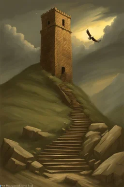 broken stairs leading up a steep hill to an old crumbling tower. Storm clouds. Eagles flying around the tower. By artist "Bluefooted",by artist "Peter Hurd"