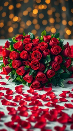 A stunning, romantic composition of a heart-shaped arrangement of vibrant red roses. The heart is meticulously crafted, with each rose appearing fresh and full-bloomed. Surrounding the heart, lush green foliage adds a touch of nature and contrast. The surface, scattered with numerous red rose petals, accentuates the depth of love and passion. The background, featuring a bokeh effect with golden lights, creates an enchanting atmosphere that enhances the overall romantic ambiance of the scene.