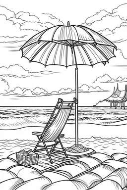Outline art for coloring page, PICNIC BASKET ON A LONG BEACH TOWEL UNDER A TALL BEACH UMBRELLA ON A HAWAII BEACH, coloring page, white background, Sketch style, only use outline, clean line art, white background, no shadows, no shading, no color, clear