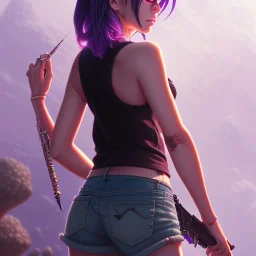 revy black lagoon, purple hair, black tank top, jean shorts, tribal sleeve left arm, portrait shinkai makoto, studio ghibli, studio key, madhouse anime studio, artgerm, lau rossdraws james jean marc simonetti pixiv