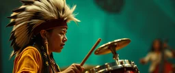 maga hat boy facing the native american drummer like in the press in the style of giger and escher