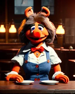 waitress woman with muppet mask that covers her entire head, retro style, Sesame Street style, smooth, unreal engine 5, god lights, ray tracing, RTX, lumen lighting, ultra detail, volumetric lighting, 3d.