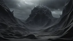 an apocalyptic landscape covered in dark gray dust. dragonbones everywhere. a massive crater. coast of ocean. dark grey mist. seen from the ground. fantasy, h.r. giger. horror. no trees. no fire. no glow. cinematic lighting, hyperrealistic, splash art, concept art, mid shot, intricately detailed, color depth, dramatic, 2/3 face angle, side light, colorful background