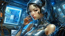 A digital painting by Kuniyoshi and Hajime Sorayama of tech beautiful cyborg girl inside a futuristic matrix.