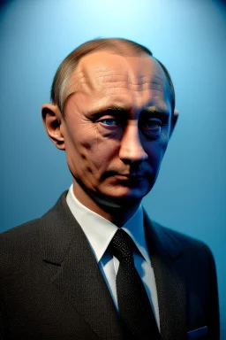 Waist up muppet Portrait, Vladimir Putin as muppet doll, Black suit, photo studio, blue background, unreal engine 5, concept art, art station, god lights, ray tracing, RTX, lumen lighting, ultra detail, volumetric lighting, 3d.