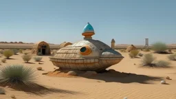 duck shaped space ship in the desert surrounded by lost things