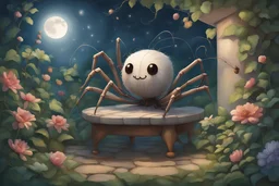 Generate an image of Spindle spider curling up in his cozy corner of the garden, with a contented smile on his face. Show the moon shining down on the garden, signaling the end of Spindle's adventure. Convey a feeling of peace and fulfillment as Spindle drifts off to sleep.