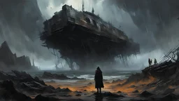 A Dark Symphony of Shattered Realms: A gripping science fiction painting resonating with grim overtones. Drawing inspiration from Denis Sarazhin's textures, Christopher Shy's landscapes, and Romain Trystram's and Simon Stålenhag’s eerie narrative storytelling, it unfolds against an ominous sky. Epic composition, a haunting journey into the unknown.