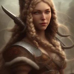 full portrait of viking,big breasts, high detail, volumetric lighting, tiny features, intricate detail,volumetric clouds