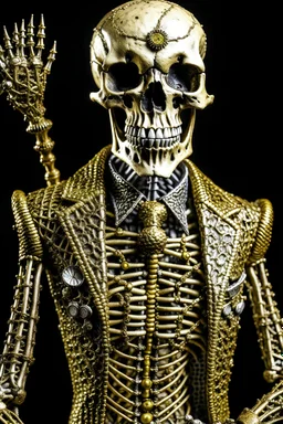 a skeleton in a suit holding a skull, with spikes, in the style of techno shamanism, made of wire, mixes realistic and fantastical elements, dracopunk, intricate costumes, splattered/dripped, close up