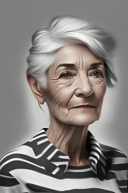 a beautiful European woman, in her 60s, short white hair, brown eyes, wearing a stripe black and white shirt, digital drawing, 4k