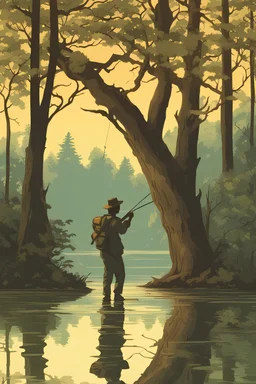 The fisherman is fishing under a large tree. The lake is surrounded by a forest, and the sun is in the sky.