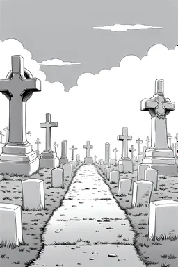 landscape, open air flat cemetery with thousand gravestones, manga style, grayscale