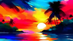 An abstract representation of a tropical sunset with bold and vibrant hues, created with a realistic and colorful digital painting technique. Realistic, Colorful Art, Paint, iPad Pro with Procreate, digital brush, variable settings, sunset, digital painting
