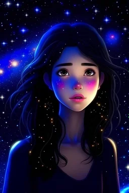 Beautiful animated girl under a starry-eyed night. Dynamic. Ultra realistic
