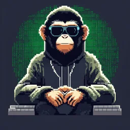A Monkey sitting in front of a computer, wearing a hoodie and sunglasses. Matrix in background. Pixel Art. Profile Picture. Avatar. Pixel