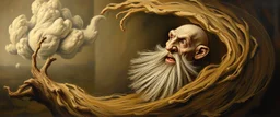 master oil painting by Rembrandt, good afternoon bald clay golem in the middle of twister whirl wind, in the style of disney
