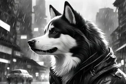 1 cute Asian guy, Wednesday Adam in 8k anime cgi drawing style, Adam family them, neon effect, close picture, rain, highly detailed, high details, detailed portrait, masterpiece, ultra detailed, ultra quality, Chinese city, 1 black and white husky dog, monochrome, side view