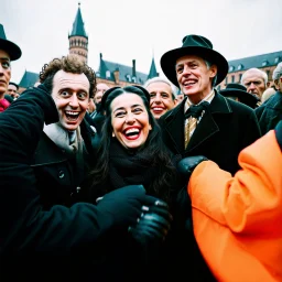 foto Ilford tiltshift surreale di persone con sorrisi enormi e mani inespressive, carnevale, dettagli dei vestiti molto accentuati, misterioso, tenebroso, marcio, macabro, fiotti di liquido nero, Egon Schiele, Caravaggio, Gustav Klimt and Max Ernst style, hypermaximalist figures, light, details of the liquid extremely accentuated, Minicavio Quollati style, photography by Marlost Endgulp, dark atmosphere, 4k, sharp focus