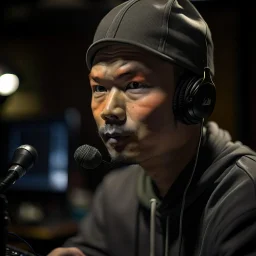 Christer Chao Solvang, norwegian chinese rapper in silver gloden studio and with a tiny weird hat, young dark and handsome, with thick hairy eyebrows, and tiny mic, directing a debate, photo-realistic, shot on Hasselblad h6d-400c, zeiss prime lens, bokeh like f/0.8, tilt-shift lens 8k, high detail, smooth render, down-light, unreal engine, prize winning