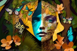 double exposure, Rainforest, flowers, birds, sleeping goddess merged layers, waterfall and butterflies Patchwork and painting by Meghan Duncanson and Jennifer Lommers and Didier Lourenço in sunshine plastic 3D effect ochre, burlap, mirror foil