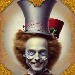 "Mad Hatter" book young man character of "Alice in the wonderland", elegant dress,sarcastic smile,big top hat,.behance contest winner, generative art, baroque, intricate patterns, fractalism, movie still, cartoon.style by Disney,Chie Yoshii,earnst haeckel,james jean.