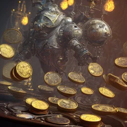 dynamic lighting, Intricately detailed, Splash screen art, deep color, Unreal Engine, volumetric lighting, silver coins, gold coins, silver treasure, stacked coins, indoors, altar, black table, sigil, shiny, steampunk, steam punk,