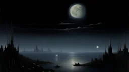 A city in moonlight with dark planets painted by Caspar David Friedrich