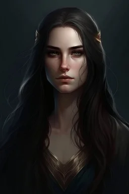 portrait of a 25 year old female antagonist, she is beautiful and has long dark hair, her appearance is like a greek goddess