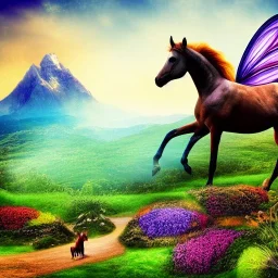 monde féérique, fantasy, cheval, musique, couleurs, montagne