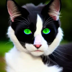 Portrait of a fluffy tuxedo cat with green eyes in a Victorian dress