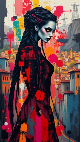 full body, wildly stylized abstract realist painting of a bold, audacious female vampire with highly detailed long dark braided hair and facial features and luminous glowing eyes in the style of Jeremy Mann, her silhouette residing amidst bold, attention-grabbing abstract design that's defined by a wash of vibrant, highly saturated natural hues, juxtaposed against stark, surrealist medieval Spanish landscape of bustling colored cityscapes