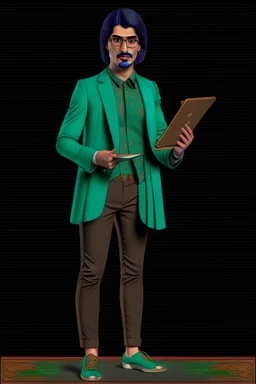 Modern guy, 20s, holding "ipad" in left hand, looks like a renaissance painting, walking forward, full body, "persian green", "right hand in pocket". "Front facing" "forward view"