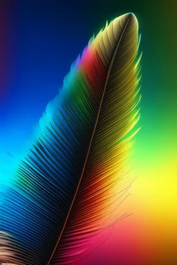 Create image of a large feather standing upright with a rainbow in the background. The right side of the feather is breaking up into tiny triangles and separating from the rest of the feather as it drifts off to the right. Highest resolution photo realistic quality, (Lumix G9II/ Olympus Pro 40-150), professional camera (zoom), edge lighting, cinematic lighting, translucency, extrusion and value change of gradient, specular attenuation and contrast 18K UHD