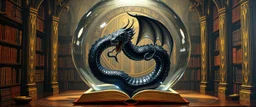 master oil painting by Escher and Giger, ancient library book obsidian chrome black serpent dragon inside huge transparent vase and with gold, master 3d models