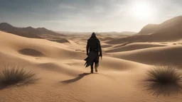 Desert landscape featuring an assassin walking through the sandy terrain, leaving intricate and detailed traces in the sand. Capture the natural sunlight during the day, highlighting the textures of the desert. Choose a realistic style with earth tones and sandy colors. Utilize high-quality digital rendering to bring out the intricate details of the assassin's journey, Golden Sand, Harsh Sunlight, Renowned Digital Artist, Realism with a Hint of Fantasy, Digital Painting, Illustration, Warm Earth