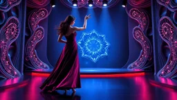 modern stage with gray-blue theme artistic decoration , color full dynamic lighting, a beautiful lady in modern maxy dark purple red dress with shining silver jwells dancing, 3D recursive fractal structure animating background