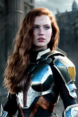 ultrarealistic, concept art, ruined city,__intricate fantasy armor__, no star, __angles__, 18 year old woman, strikingly beautiful,ginger hair, _colour_, (pale __skincolor__ skin:1.2), __camera__, long hair, detailed face and eyes, medium breasts, sci-fi theme, freckles, dynamic pose, resolved expression, __accessory__, strappy outfit, (straps:1.1), sword in scabbard on left hip, (buckles, buttons, snaps, rings:1.0), haltertop style breastplate, detailed eyes, plump lips