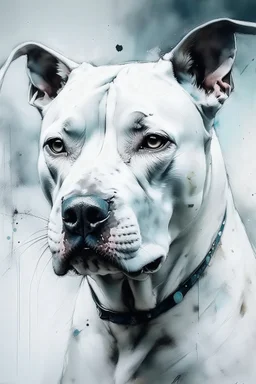 Portrait of a White Staffie dog with gentle expression in the style of Agnes Cecile, Willem Haenraets, Yoji Shinkawa, Guy Denning, Florian Nicolle In chalk and rough pastel