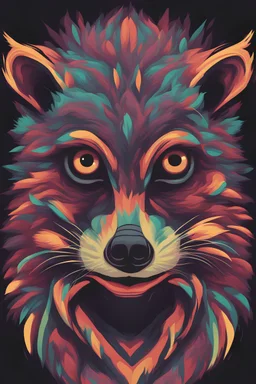 rendering of angry human-like raccoon; psychedelic color scheme