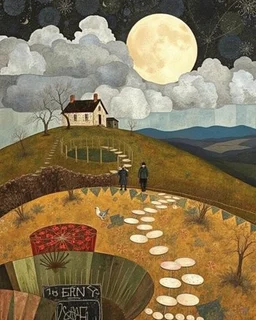 A house on the Hill. Life and times, patchwork art by Jamie Heiden, Peter Doig, Renoir, Pol Ledent, Endre Penovac Modifiers: portrait acrylic art surreal Arthur Rackham Optical illusion Debehsque