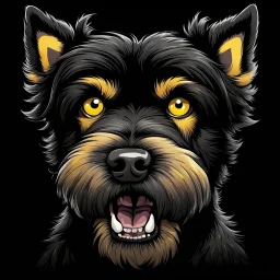 face of an angry scruffy black terrier on black background, yellow eyes, defined teeth, turned to the side, fantasy horror graphic novel illustration