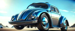 a high definition screen shot of a jet-fighter vw-beetle, retrofuturistic, phototrealism, in flight, one subject,