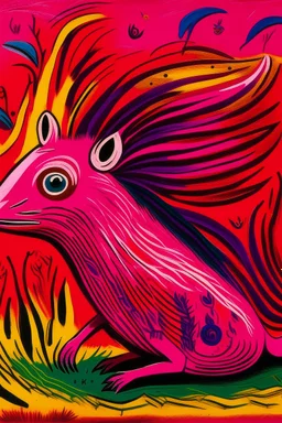 A magenta poison elemental skunk designed in Kuna molas painted by Max Ernst