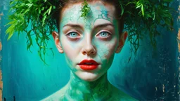 old retro photograph, light vignette, faded, worn and cracked, double exposure, surrealism, female humanoid from another world, red lips, half body, greenish blue pale transparent glowing skin, bald head, plants growing out of head, tattoo on head, alien transparent eyes, double exposure, hyperdetail, double exposure, Anna Razumovskaya, Anna Dittmann, Luis Royo, Neo-impressionism, expressionism, oil painting. Bold, detailed and textured brushstrokes reminiscent of Royo and Peter Coulson. Deep co