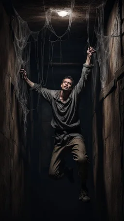 Hyper Realistic hostage man hanging on roof between dark hallway of a dungeon with cobwebs & dark rustic walls at night