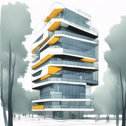 Dibujo arquitectónico de un edificio de cinco pisos, moderno, diseñado aplicando la proporción, estilo minimalista futurista, calidad ultra, gente, árboles, colores contrastantes