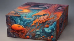 creatures, plants from subanautica from deep sea, drawn on the box, beautiful, river of magma with a beautiful colours, minerals