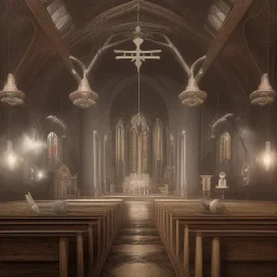 old church interior where lots of people praying, scary, steam punk, realistic, made in octane, cinematic, ultra-realistic, extremely detailed octane rendering, 8K, VRAY Super Real ar 2:3, dof photorealistic futuristic 50mm lens hard lighting dark gray tintype photograph, realistic lighting