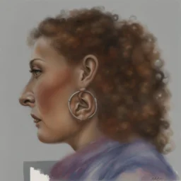 dibujo en grafito realista de rostro mujer 35 años nariz prominente aguileña gordita pelo rojo atado cola caballo ojos abiertos de perfil plano contrapicado rasgos definidos boca cerrada leve sonrisa